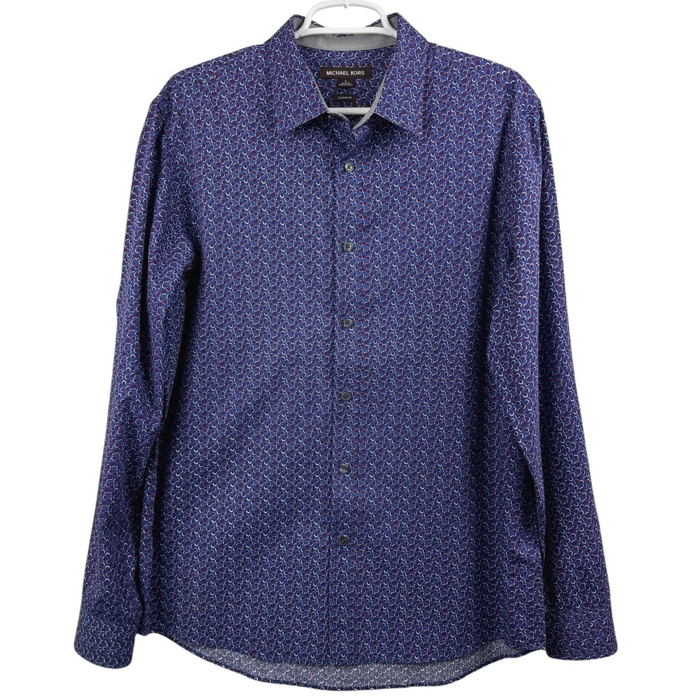 MICHAEL KORS Men's Blue Printed Classic Fit Long Sleeve‎ Button Down Shirt Large